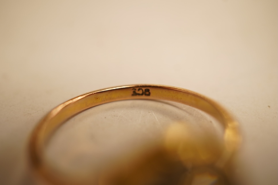 An early 20th century 9ct, cultured pearl and rose cut diamond set circular cluster ring, size O, gross weight 2.8 grams.